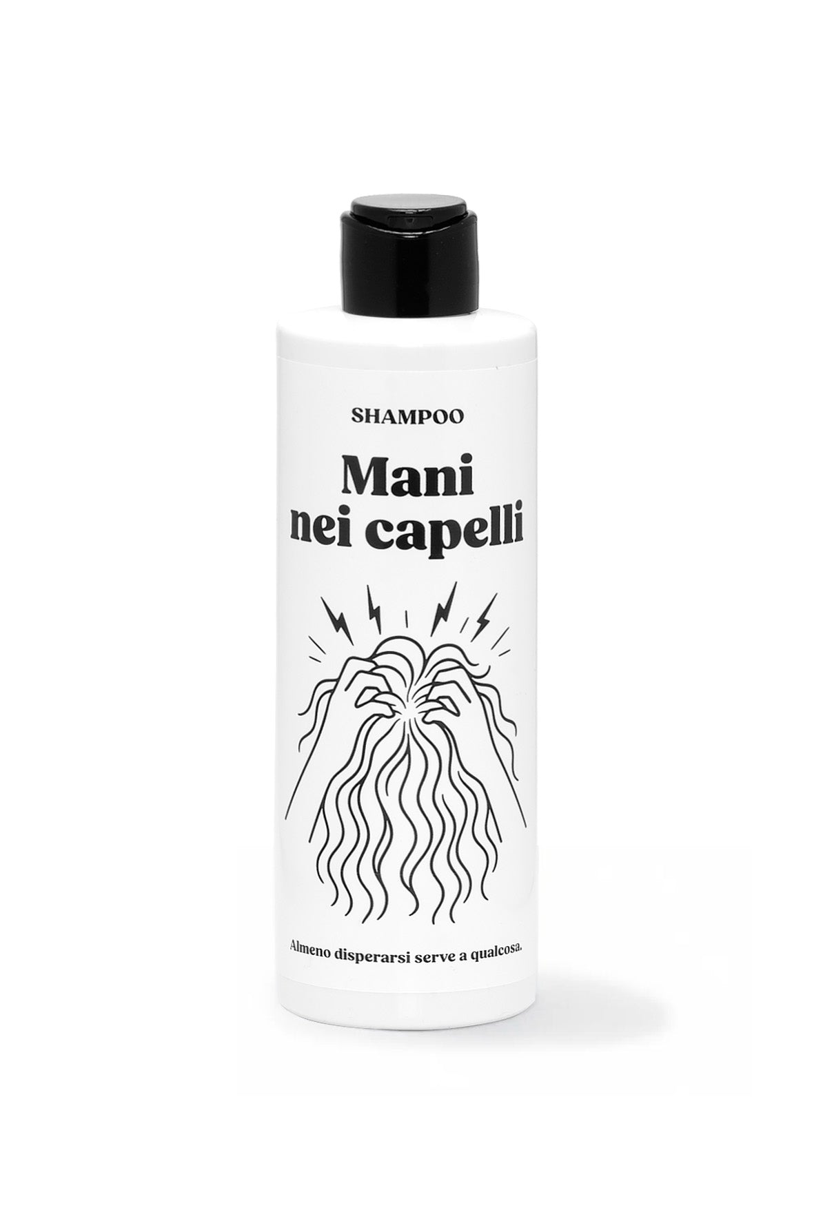 Flacone da 250 ml dello shampoo “Mani nei capelli”, con illustrazione di una persona che si mette le mani tra i capelli.
